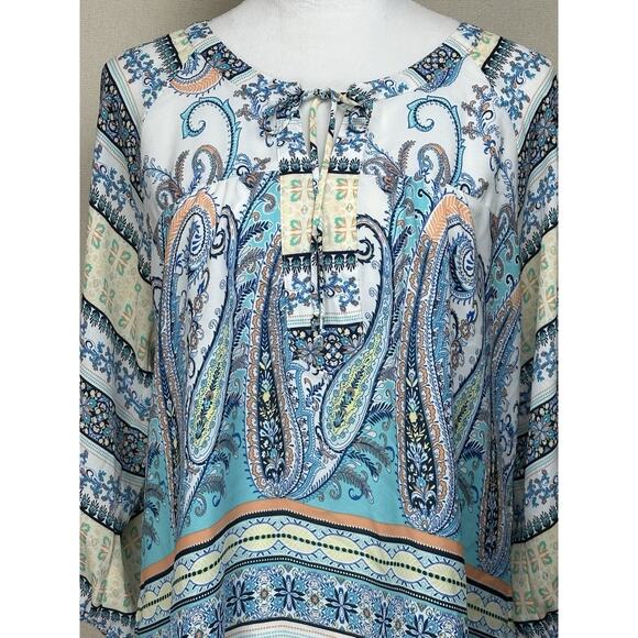 Valerie Stevens Women's colorful peasant bohemian Blouse M Lace Back Tie Front - Picture 2 of 13
